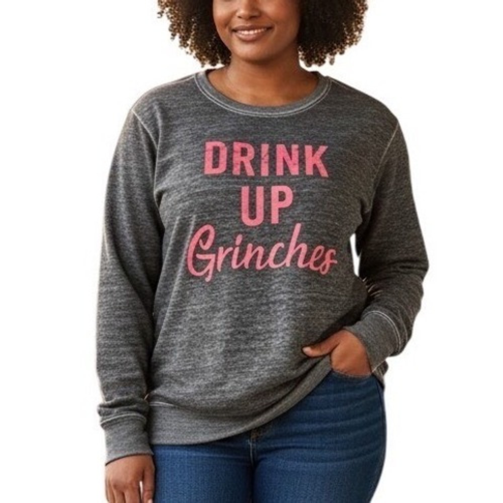Twine & Stark Drink Up Grinches Sweatshirt Womens Medium Gray Burnout Christmas